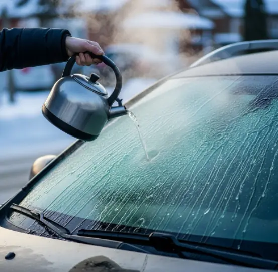 자동차 앞 유리에 성에 끼었을 때 뜨거운 물 부으면