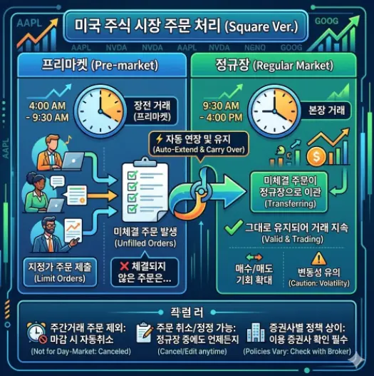 미국 주식 프리마켓 거래 시 체결 안 된 주문은 정규장에 유지되나요
