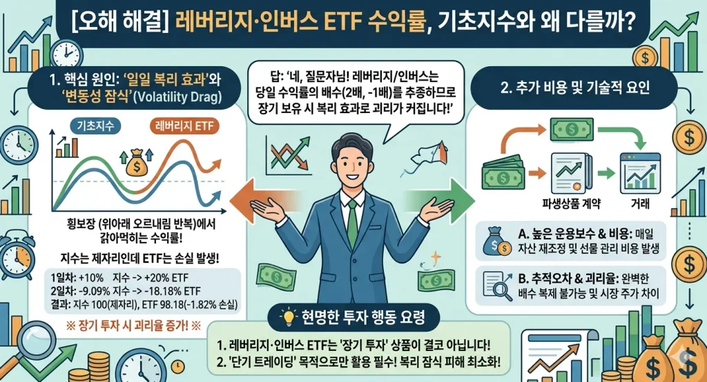 레버리지 및 인버스 상장지수펀드 수익률이 기초지수와 차이가 나는 원인
